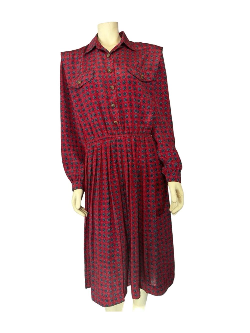 Vintage 80s Leslie Fay Red Geo Dress Medium M Pleated Button